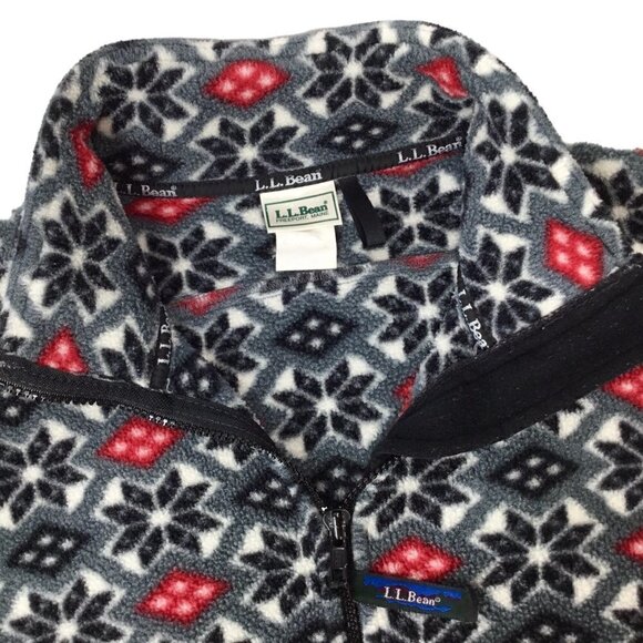 L.L. Bean Fleece Jacket Coat Full Zip Snowflake Adj Waist Pockets Black Red - Picture 9 of 9